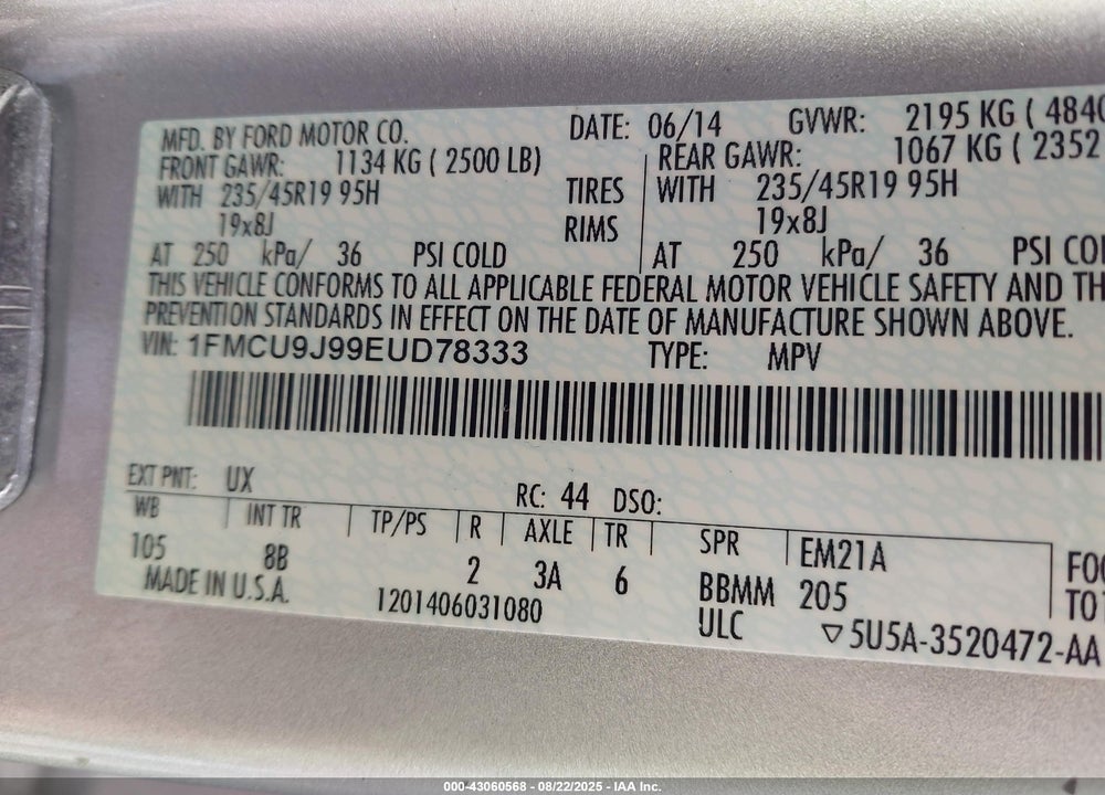 2014 FORD ESCAPE VIN: 1FMCU9J99EUD78333