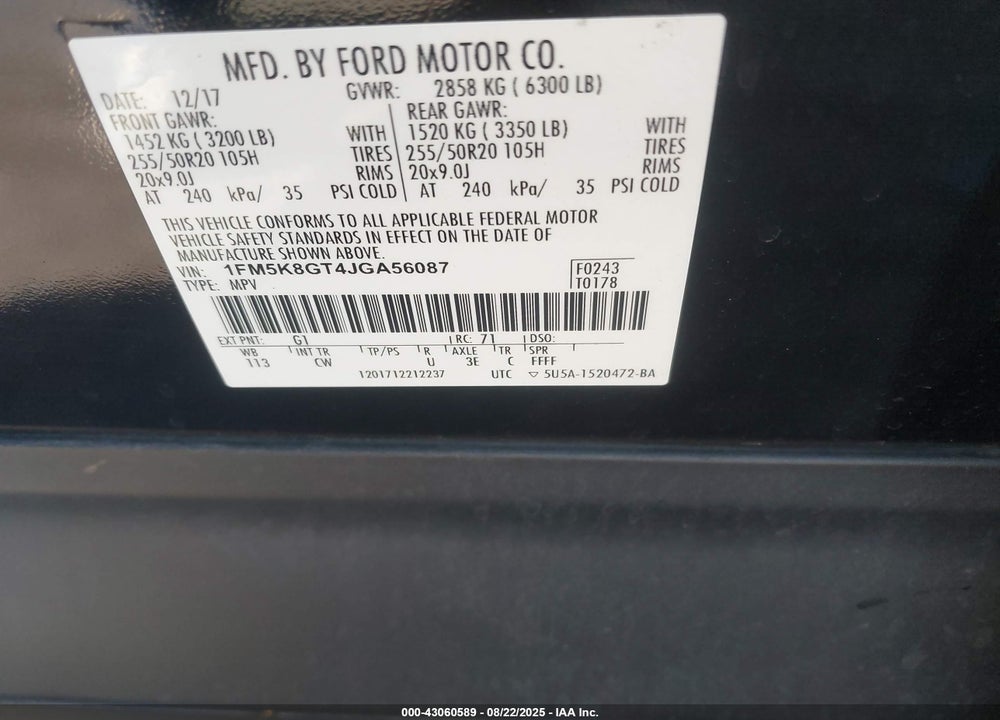 2018 FORD EXPLORER SPORT VIN: 1FM5K8GT4JGA56087