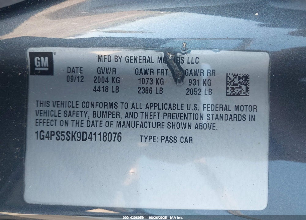 2013 BUICK VERANO VIN: 1G4PS5SK9D4118076