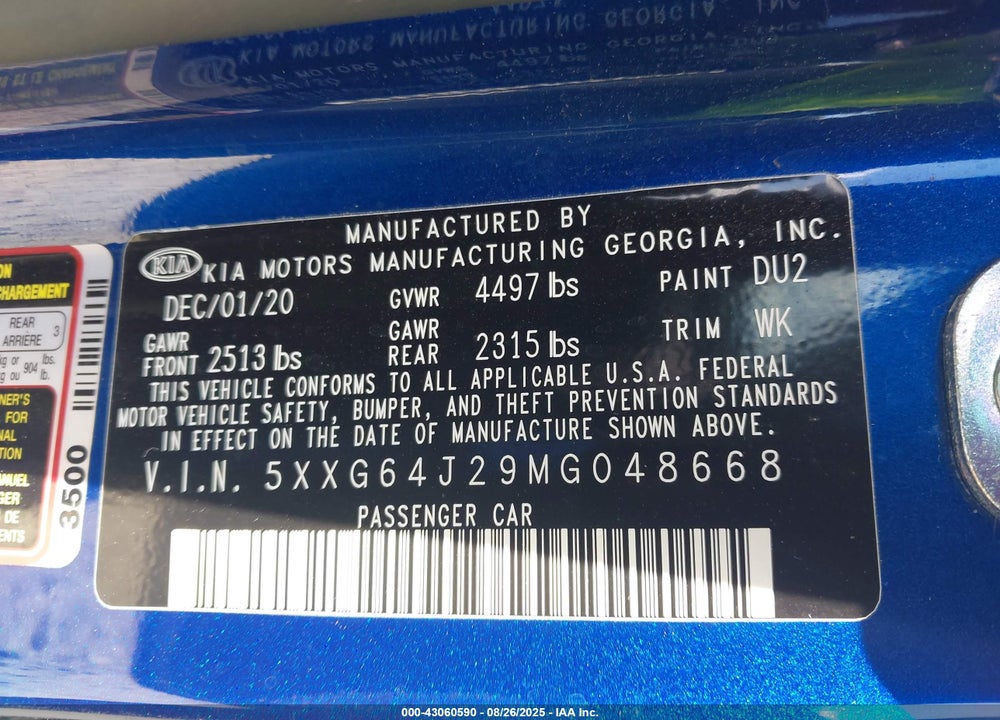 2021 KIA K5 VIN: 5XXG64J29MG048668