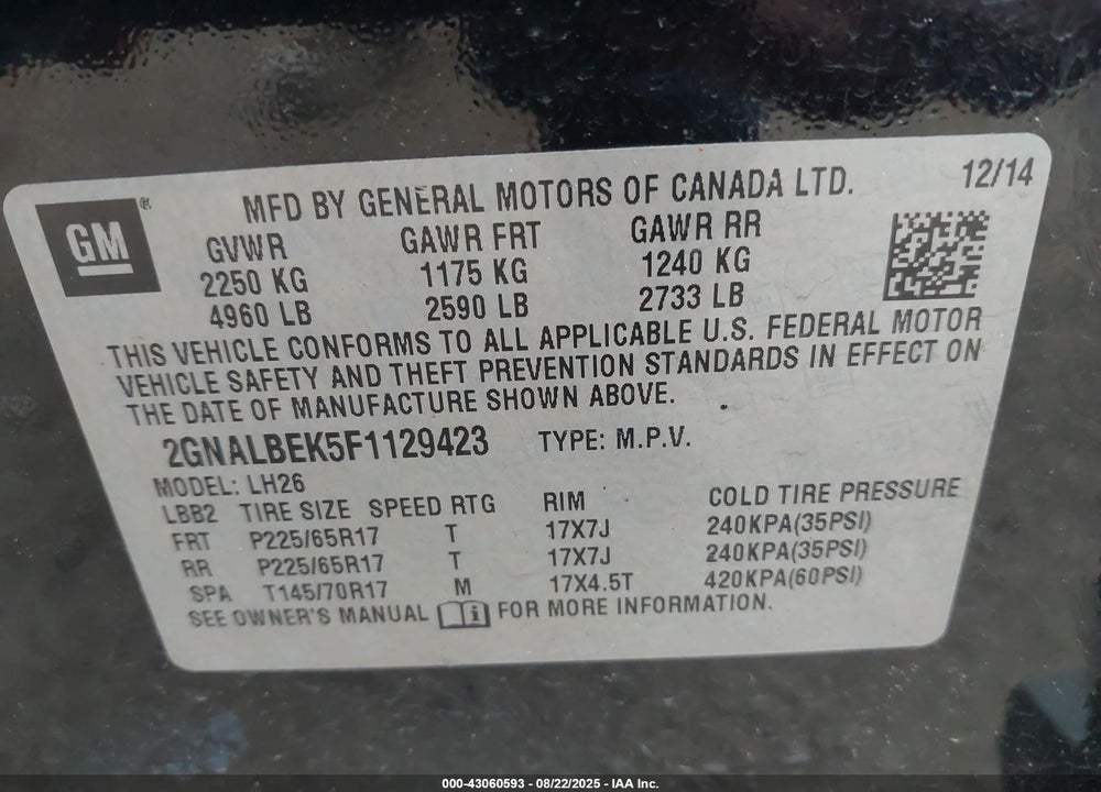 2015 CHEVROLET EQUINOX VIN: 2GNALBEK5F1129423