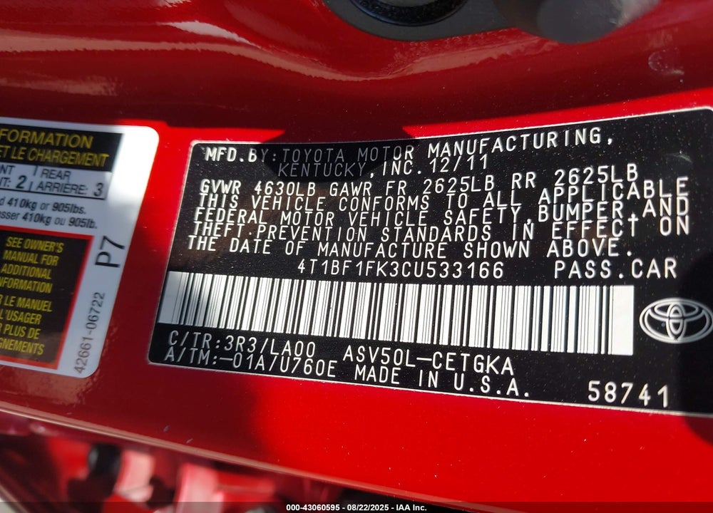 2012 TOYOTA CAMRY VIN: 4T1BF1FK3CU533166