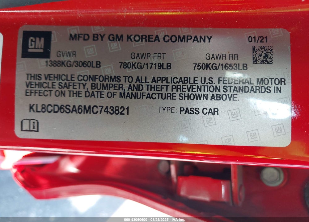 2021 CHEVROLET SPARK VIN: KL8CD6SA6MC743821