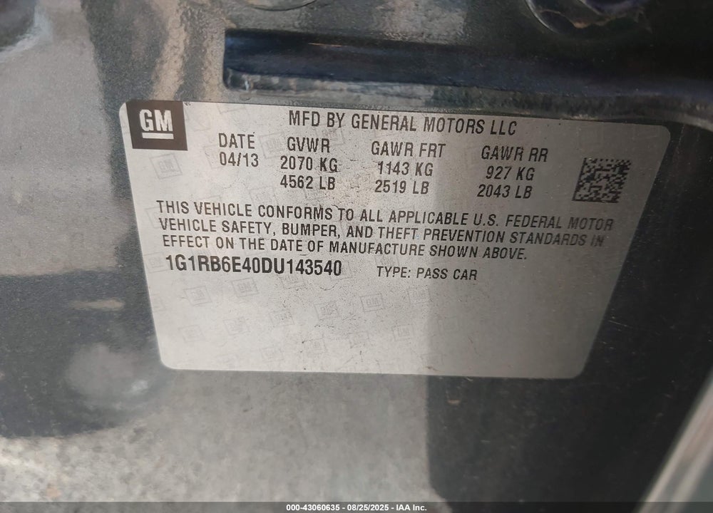 2013 CHEVROLET VOLT VIN: 1G1RB6E40DU143540