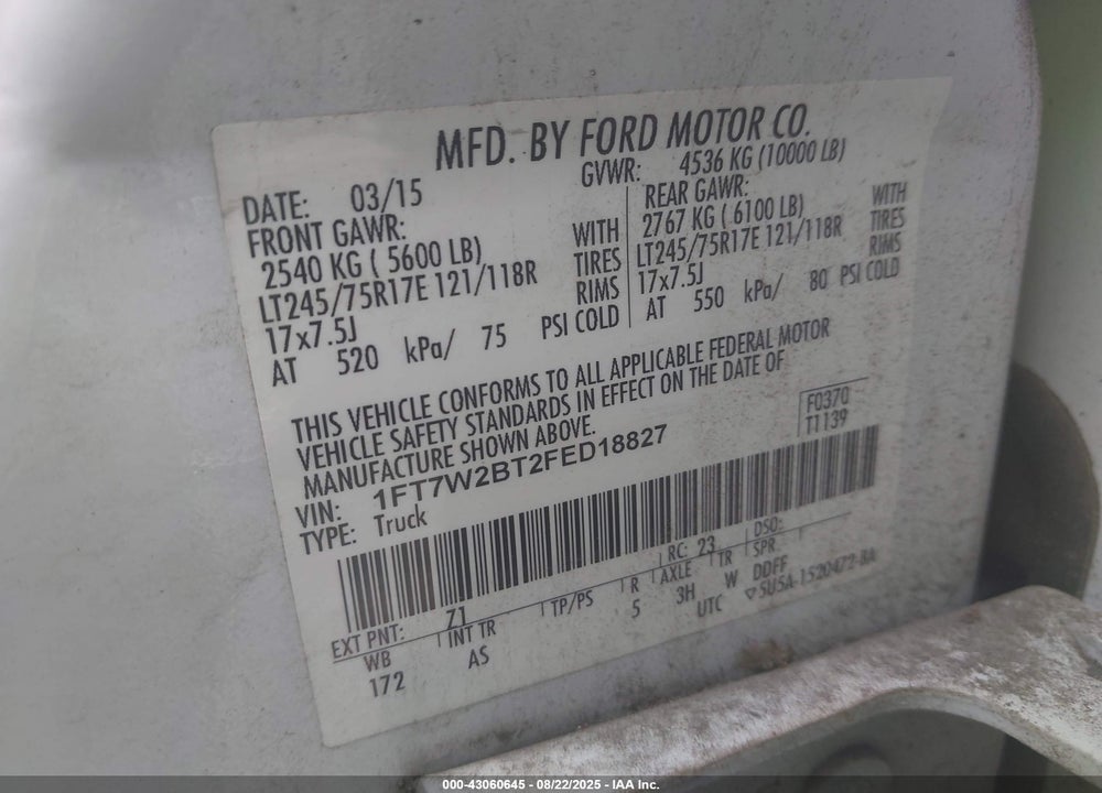 2015 FORD F-250 VIN: 1FT7W2BT2FED18827