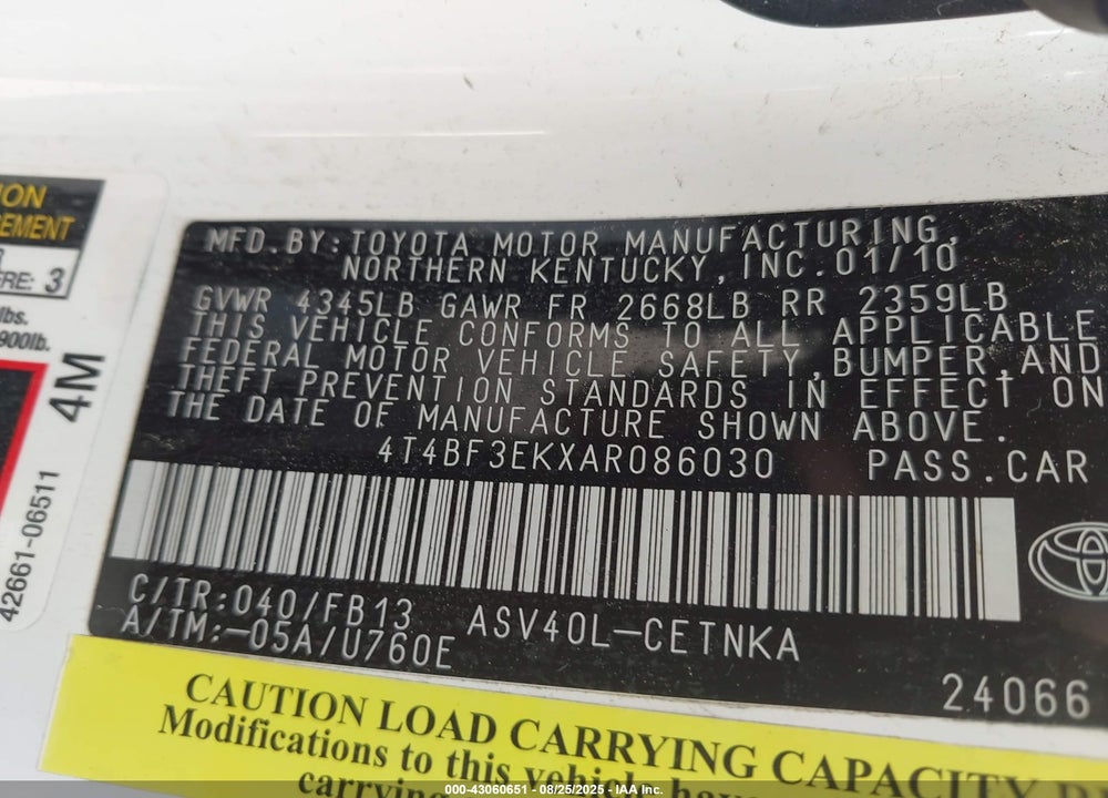 2010 TOYOTA CAMRY VIN: 4T4BF3EKXAR086030