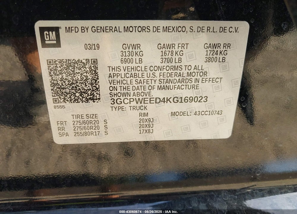 2019 CHEVROLET SILVERADO 1500 VIN: 3GCPWEED4KG169023