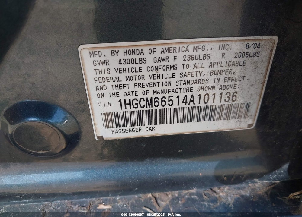 2004 HONDA ACCORD 3.0 EX VIN: 1HGCM66514A101136