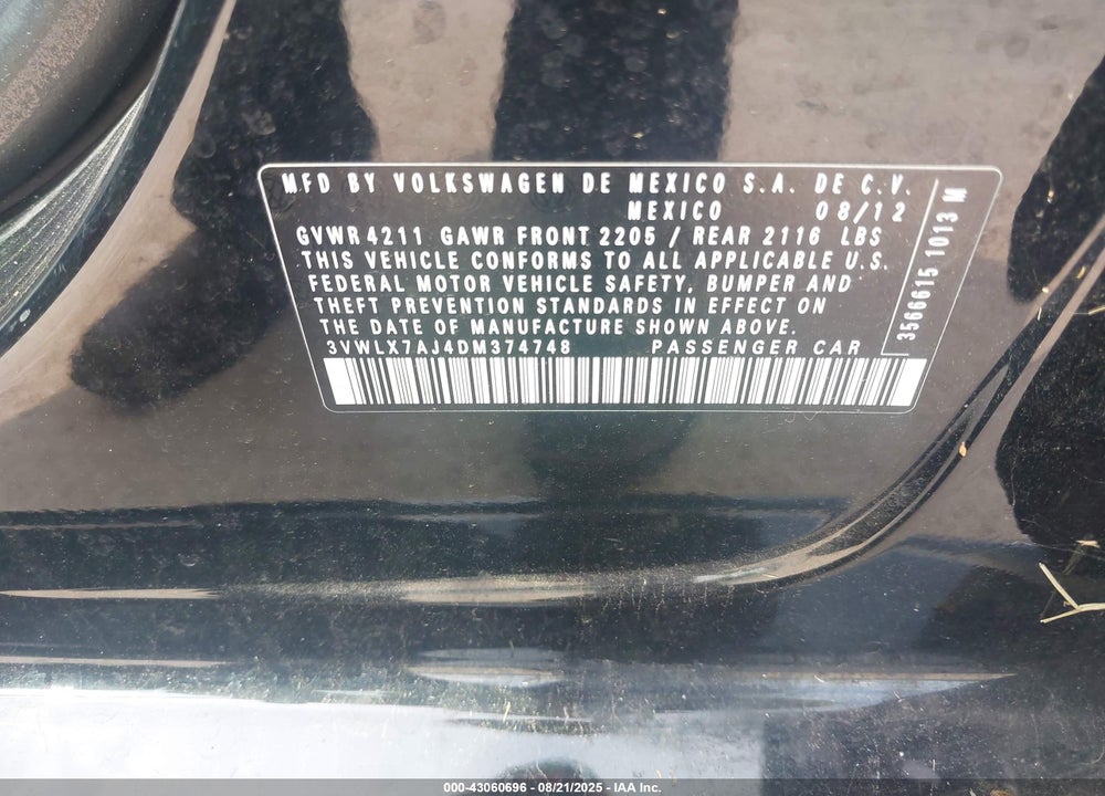 2013 VOLKSWAGEN JETTA VIN: 3VWLX7AJ4DM374748
