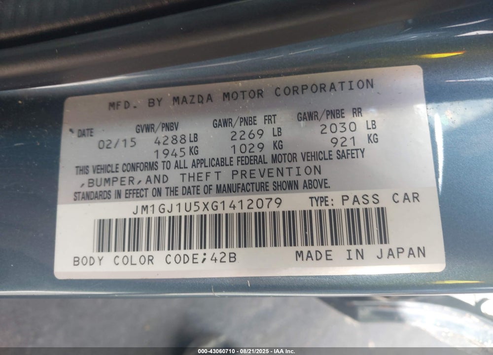 2016 MAZDA 6 VIN: JM1GJ1U5XG1412079