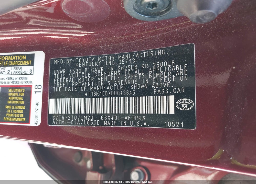 2013 TOYOTA AVALON VIN: 4T1BK1EBXDU043645