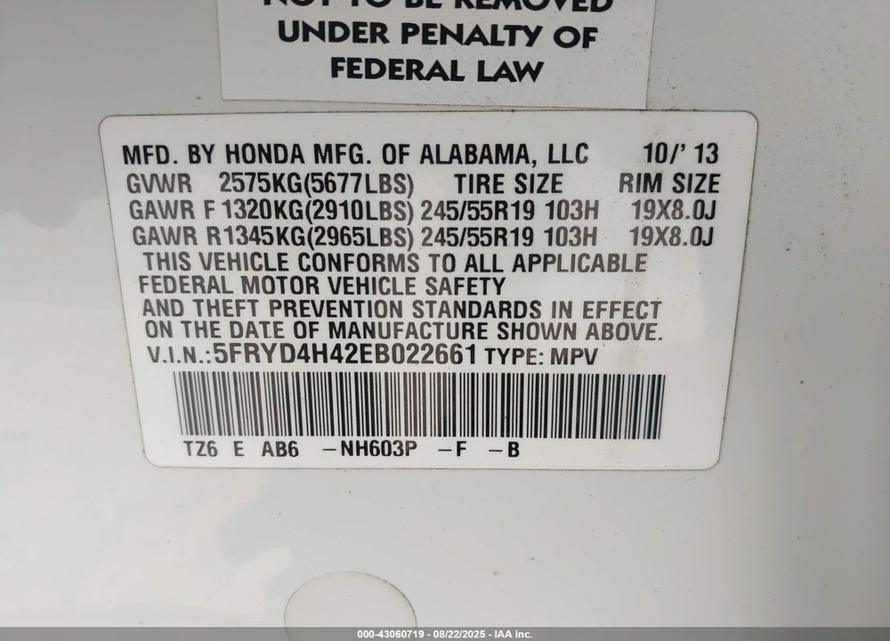 2014 ACURA MDX VIN: 5FRYD4H42EB022661