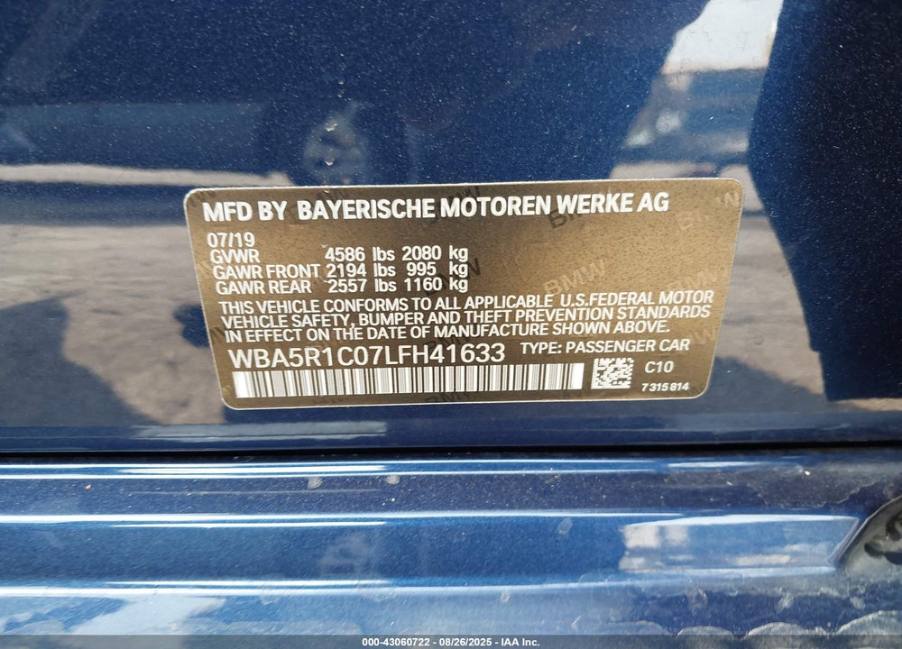 2020 BMW 3 SERIES VIN: WBA5R1C07LFH41633