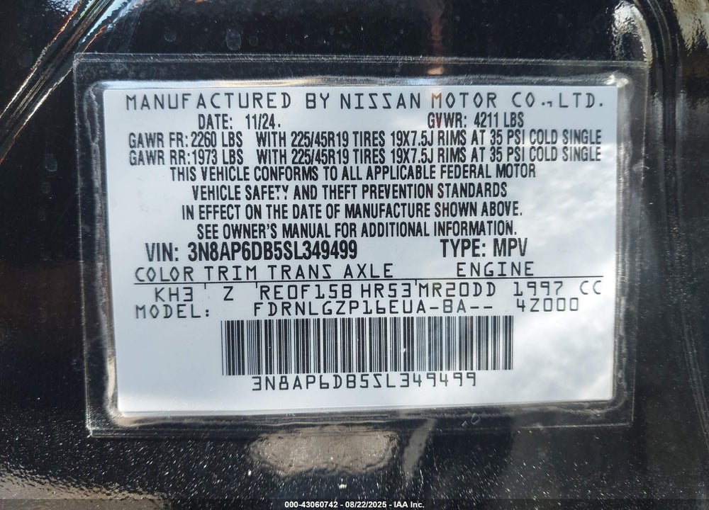 2025 NISSAN KICKS VIN: 3N8AP6DB5SL349499