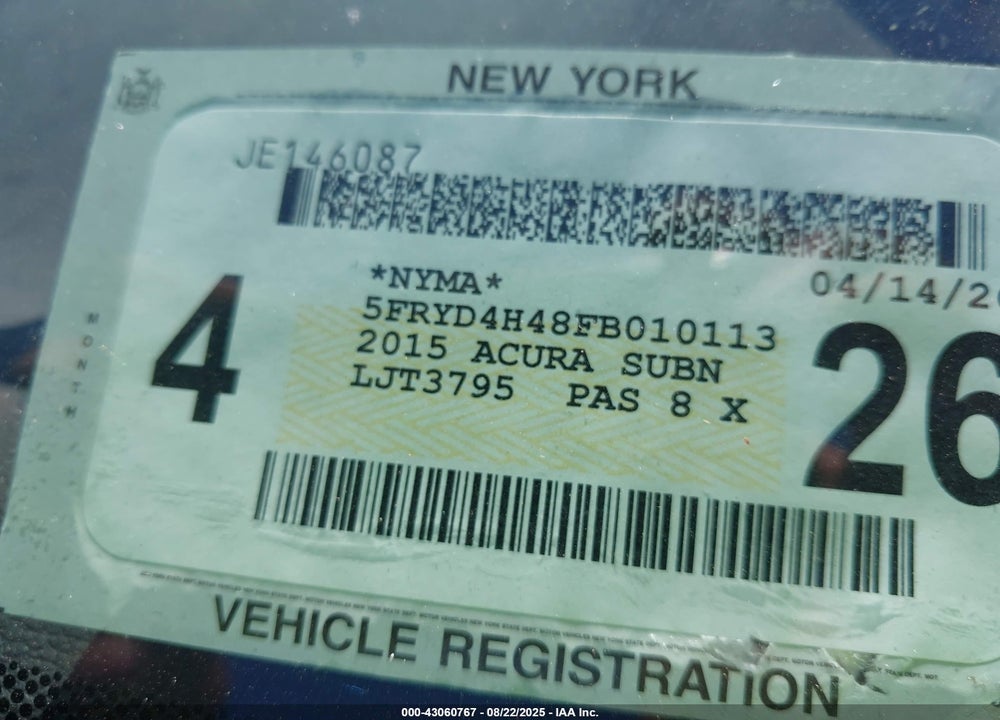 2015 ACURA MDX VIN: 5FRYD4H48FB010113
