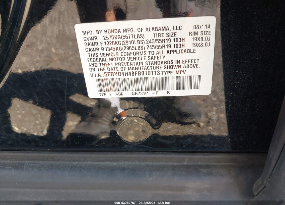 2015 ACURA MDX VIN: 5FRYD4H48FB010113