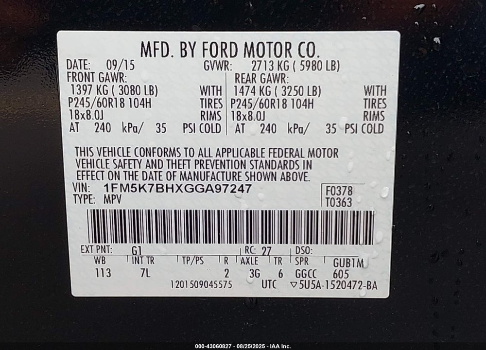 2016 FORD EXPLORER VIN: 1FM5K7BHXGGA97247