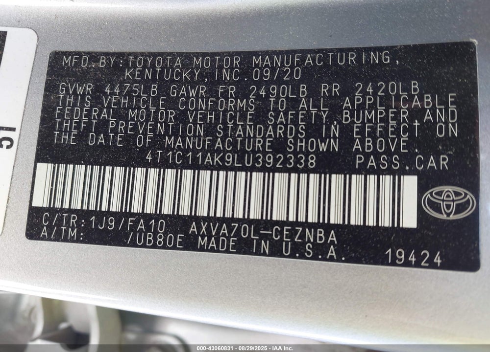 2020 TOYOTA CAMRY VIN: 4T1C11AK9LU392338