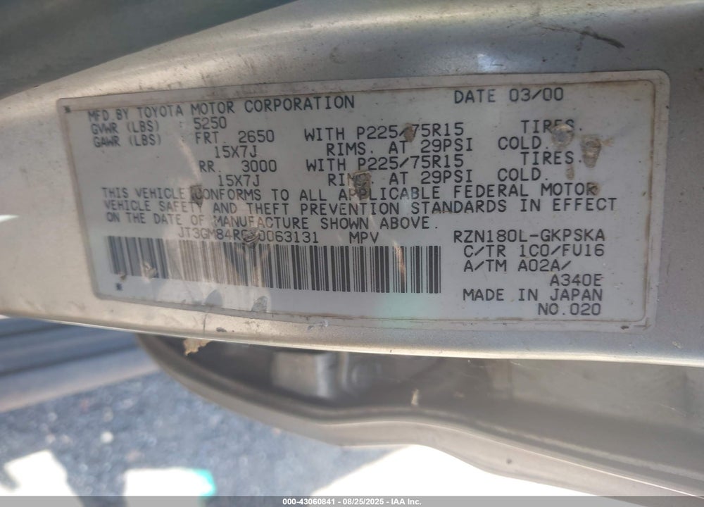2000 TOYOTA 4RUNNER VIN: JT3GM84R6Y0063131