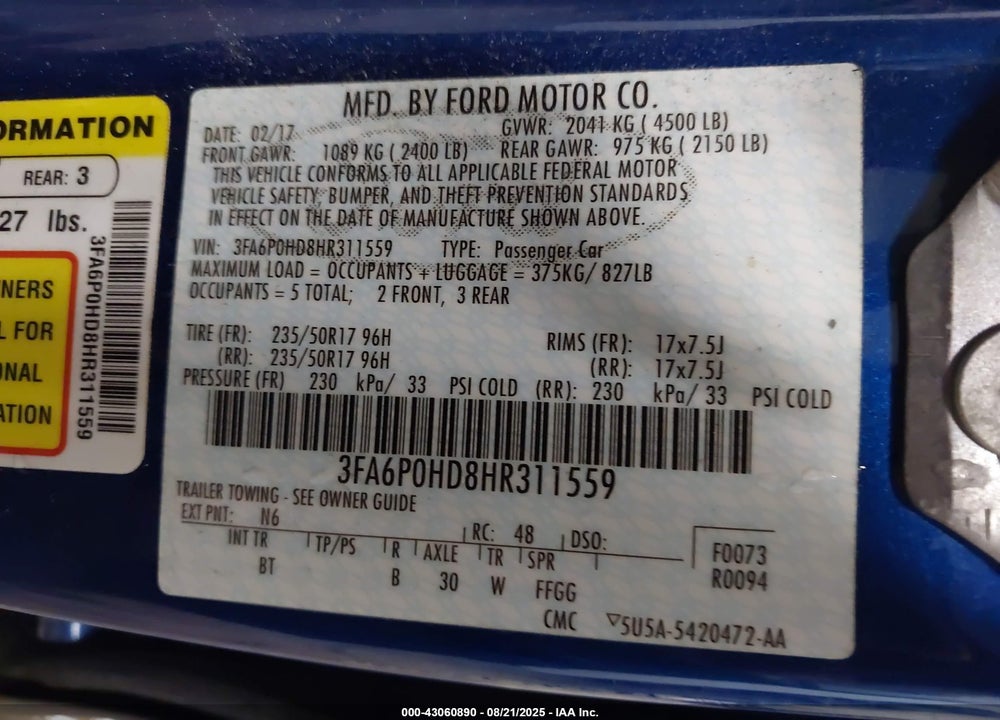 2017 FORD FUSION VIN: 3FA6P0HD8HR311559