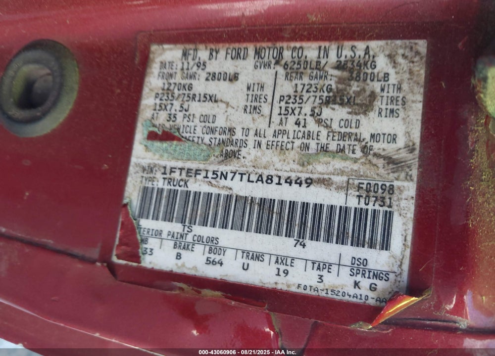 1996 FORD F150 VIN: 1FTEF15N7TLA81449