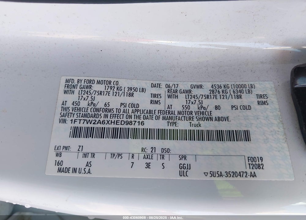 2017 FORD F-250 XL VIN: 1FT7W2A6XHED98716