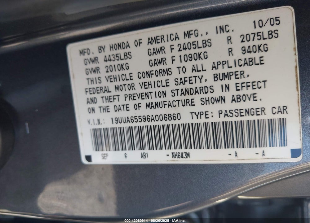 2006 ACURA TL VIN: 19UUA65596A006860