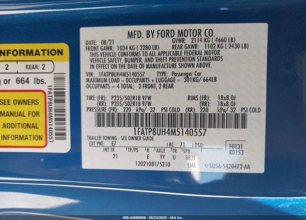 2021 FORD MUSTANG VIN: 1FATP8UH4M5140557