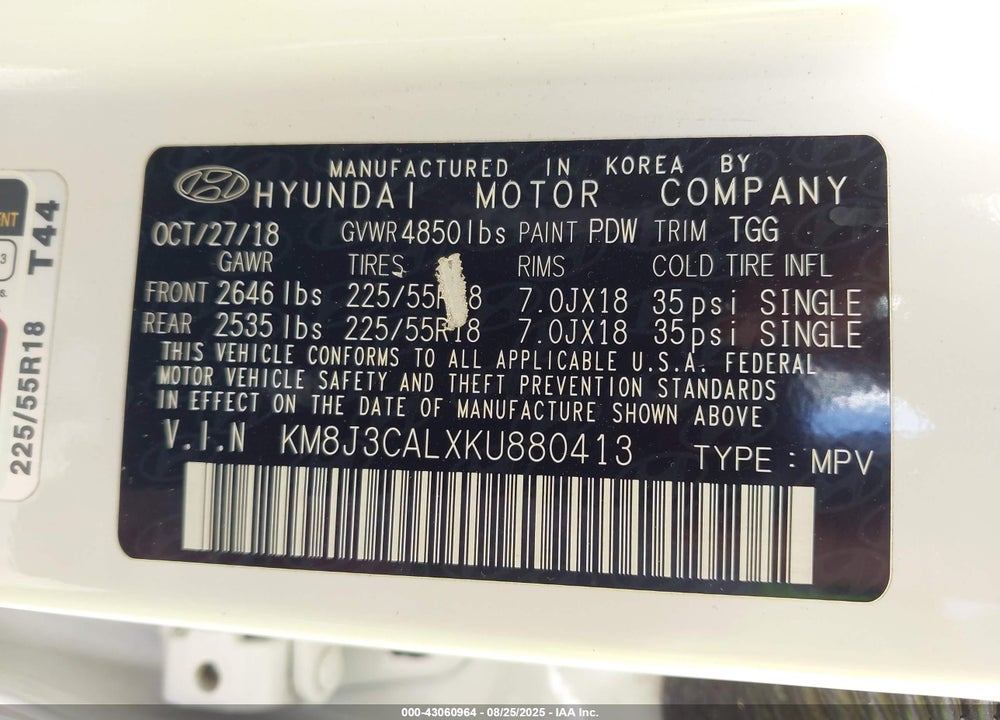 2019 HYUNDAI TUCSON VIN: KM8J3CALXKU880413