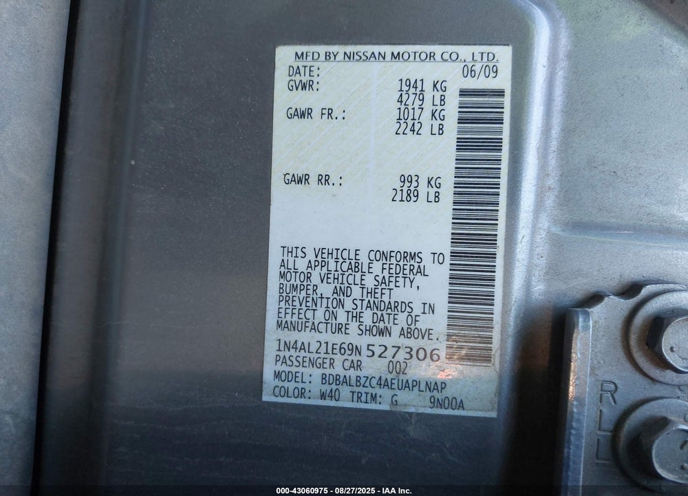 2009 NISSAN ALTIMA VIN: 1N4AL21E69N527306