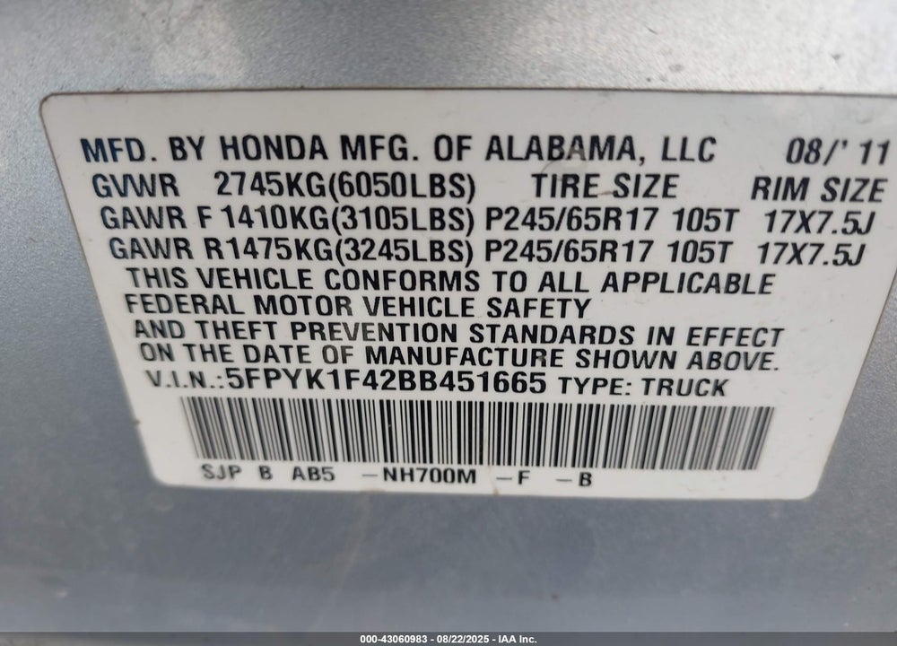 2011 HONDA RIDGELINE VIN: 5FPYK1F42BB451665