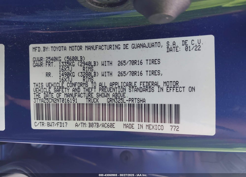 2022 TOYOTA TACOMA VIN: 3TYAZ5CN2NT016191