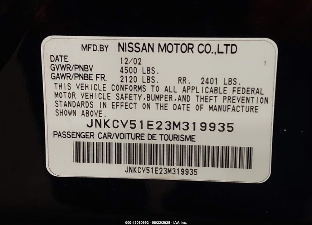 2003 INFINITI G35 LUXURY LEATHER VIN: JNKCV51E23M319935