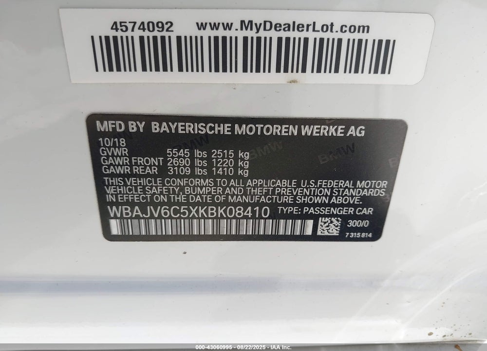 2019 BMW 6 SERIES VIN: WBAJV6C5XKBK08410