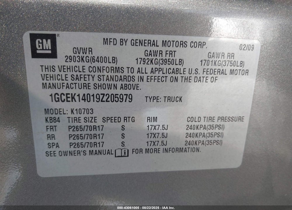 2009 CHEVROLET SILVERADO 1500 VIN: 1GCEK14019Z205979