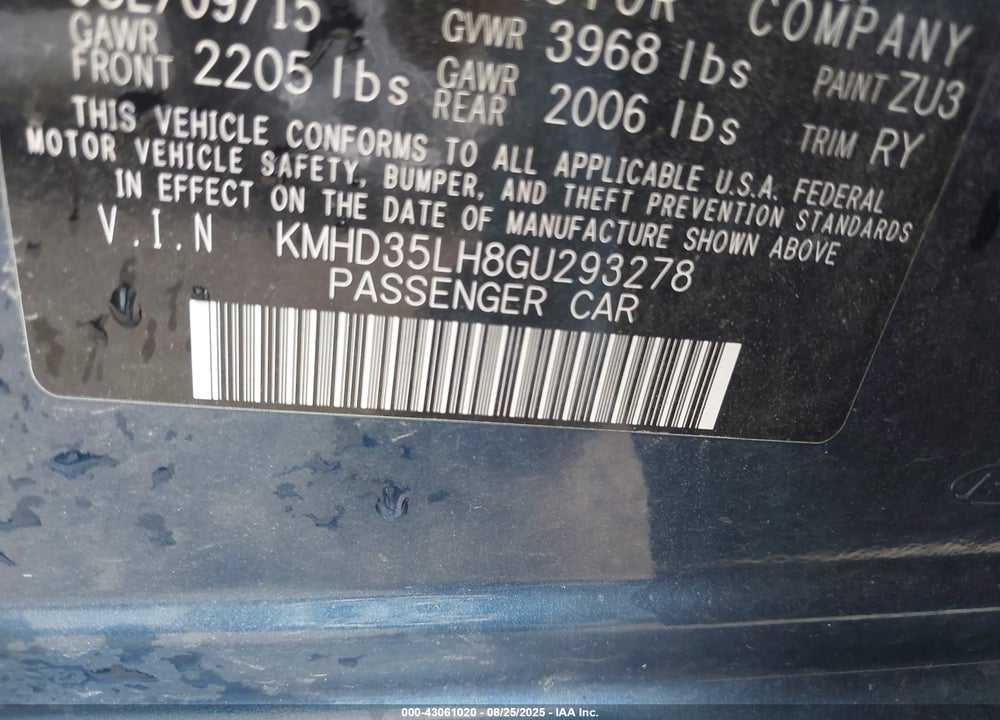 2016 HYUNDAI ELANTRA VIN: KMHD35LH8GU293278