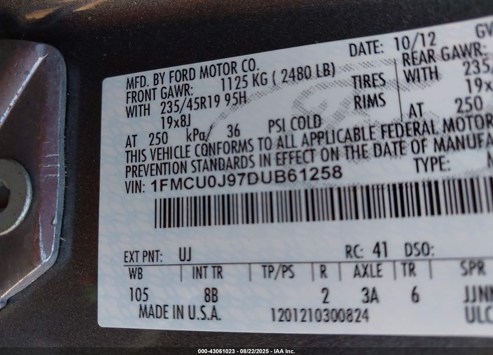 2013 FORD ESCAPE VIN: 1FMCU0J97DUB61258