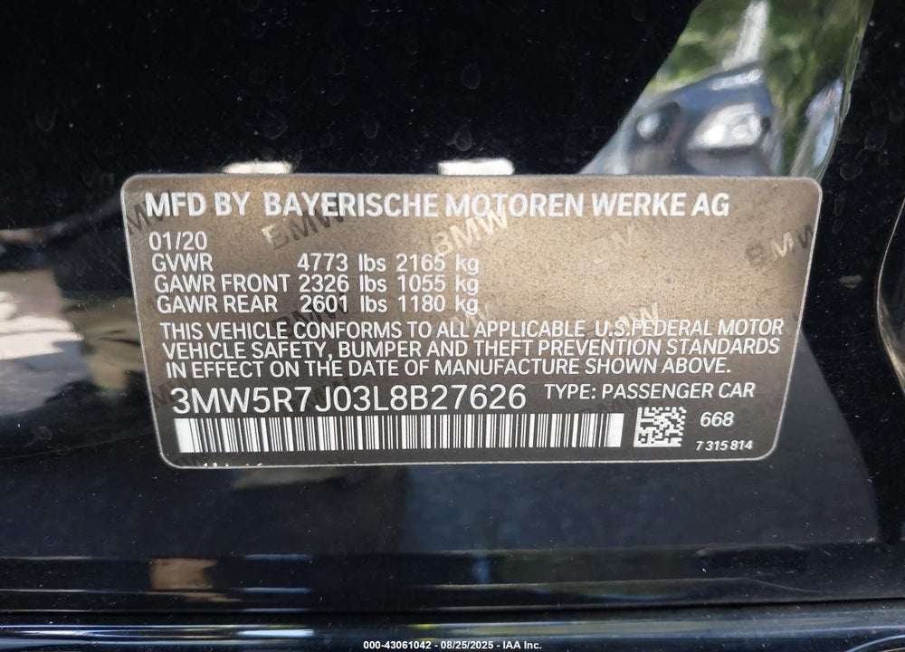 2020 BMW 3 SERIES VIN: 3MW5R7J03L8B27626