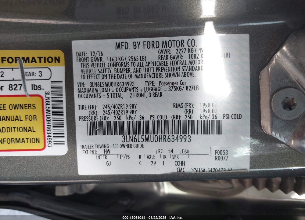 2017 LINCOLN MKZ HYBRID RESERVE VIN: 3LN6L5MU0HR634993