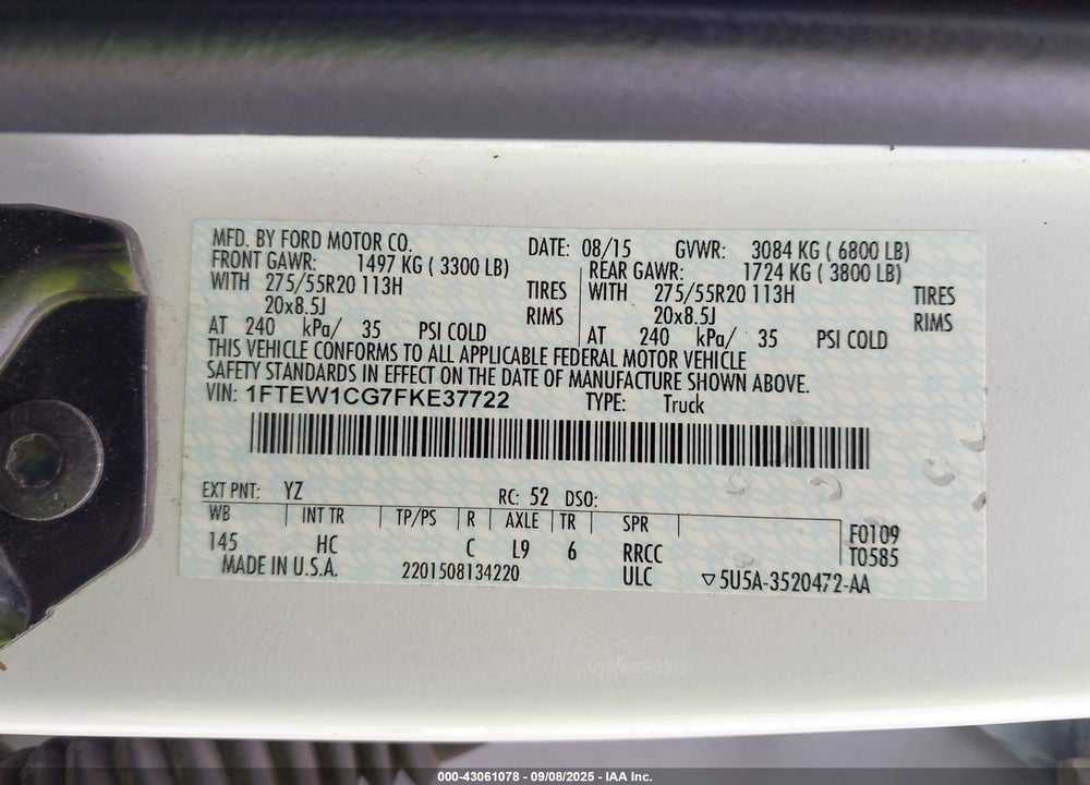2015 FORD F-150 VIN: 1FTEW1CG7FKE37722