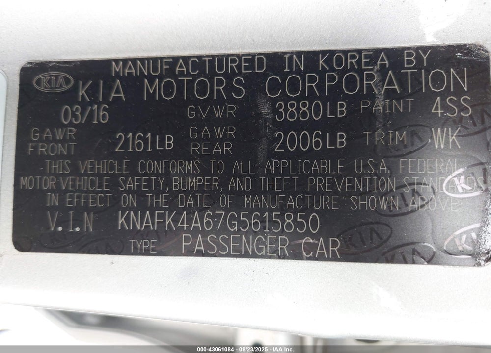 2016 KIA FORTE VIN: KNAFK4A67G5615850