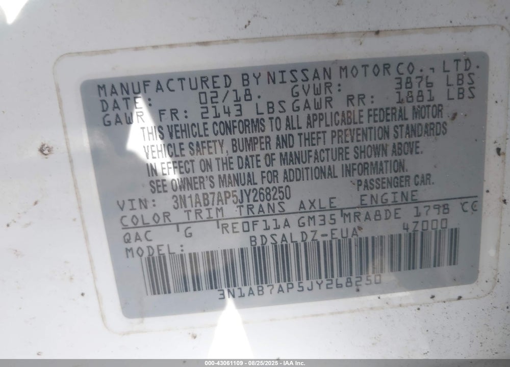 2018 NISSAN SENTRA SV VIN: 3N1AB7AP5JY268250