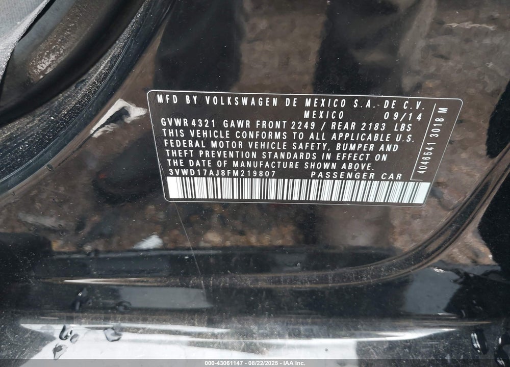 2015 VOLKSWAGEN JETTA VIN: 3VWD17AJ8FM219807
