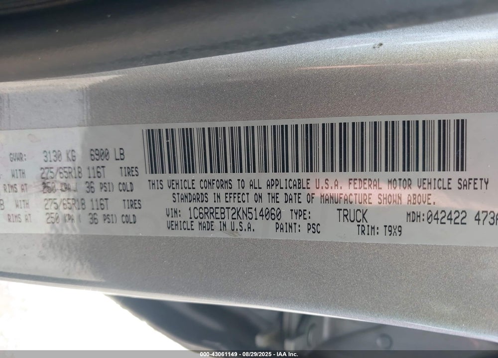 2019 RAM 1500 VIN: 1C6RREBT2KN514060