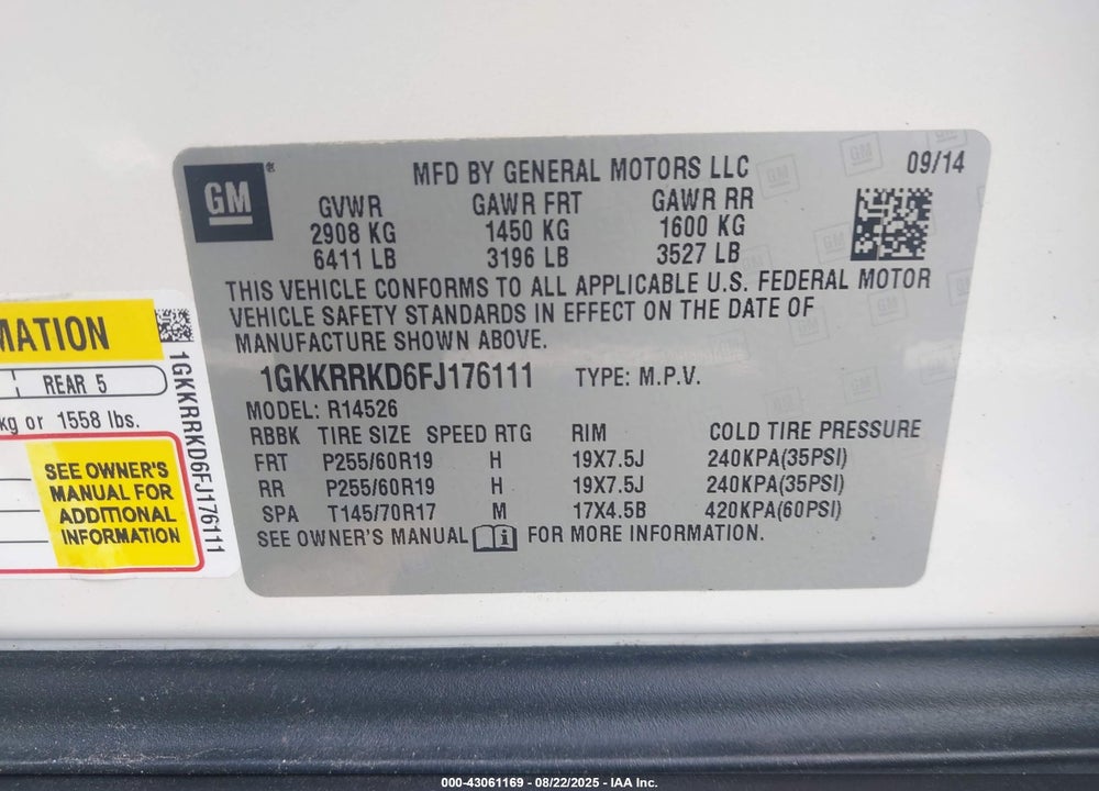 2015 GMC ACADIA SLT-1 VIN: 1GKKRRKD6FJ176111