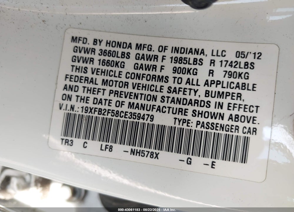 2012 HONDA CIVIC LX VIN: 19XFB2F58CE359479