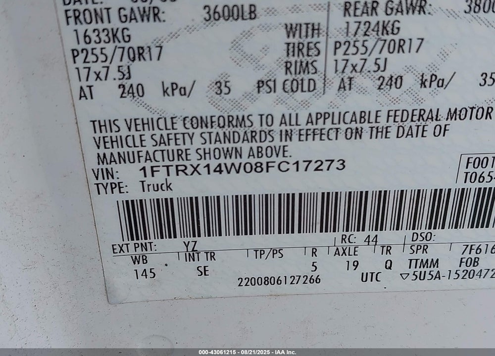 2008 FORD F-150 STX/XL/XLT VIN: 1FTRX14W08FC17273