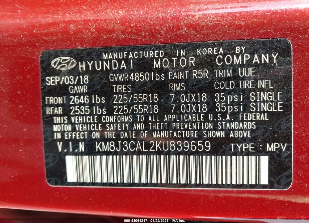 2019 HYUNDAI TUCSON VIN: KM8J3CAL2KU839659