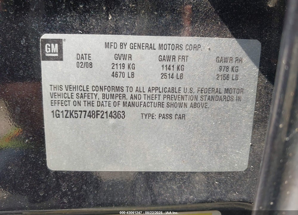 2008 CHEVROLET MALIBU LTZ VIN: 1G1ZK57748F214363