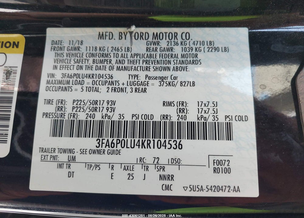 2019 FORD FUSION VIN: 3FA6P0LU4KR104536